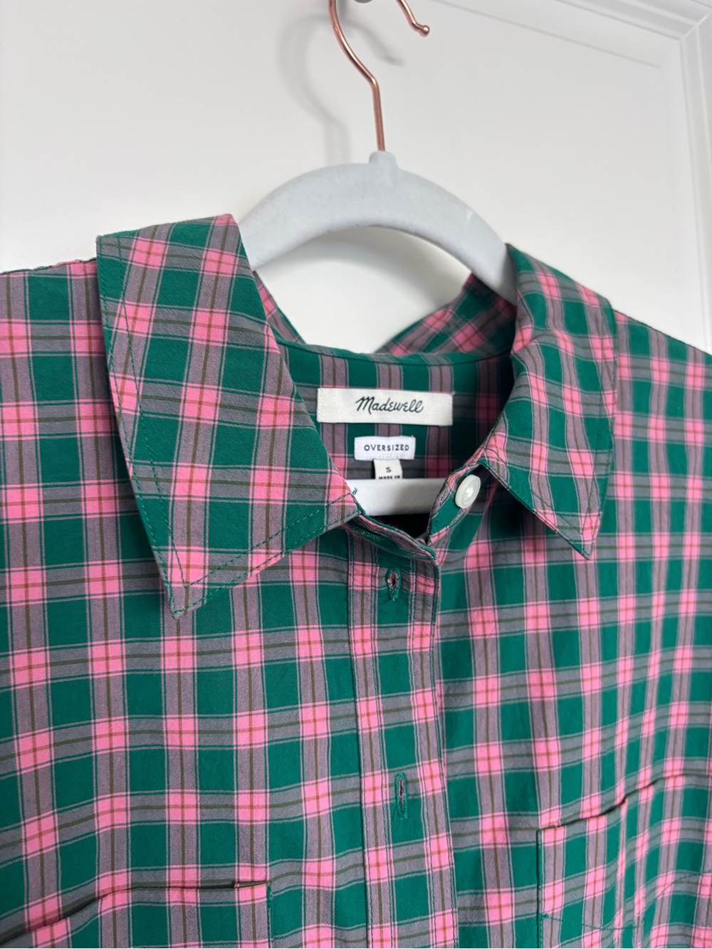 Madewell Oversized Plaid Button Down Shirt Pink Green Cotton Country Small